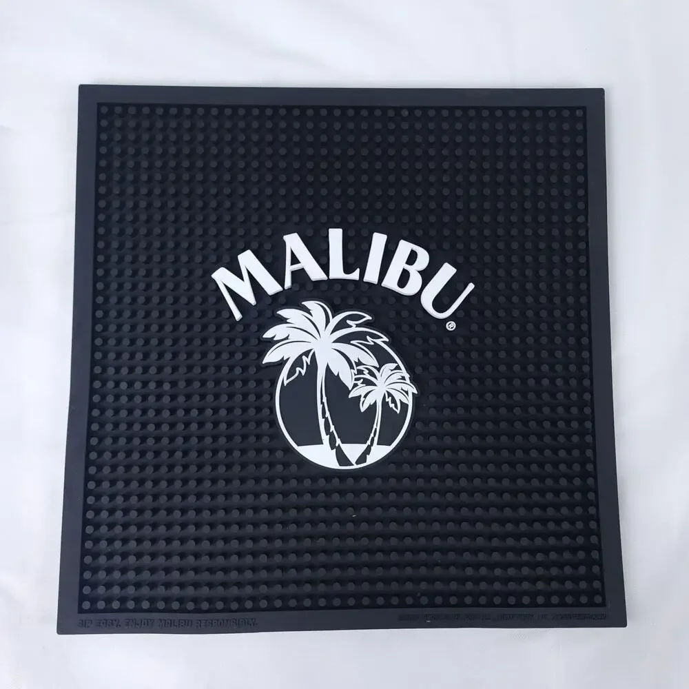 Malibu Coconut Rum Bar Service Mat Black White Logo Palm Trees 14x14 Rubber